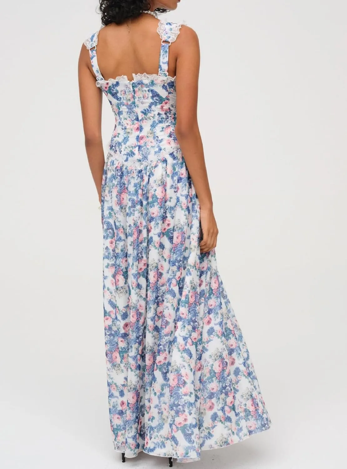 Women Sleeveless Low Cut Floral Maxi Dress Colorful V Neck Slip Long Dress Lace Trim Beach Vocation Sundress