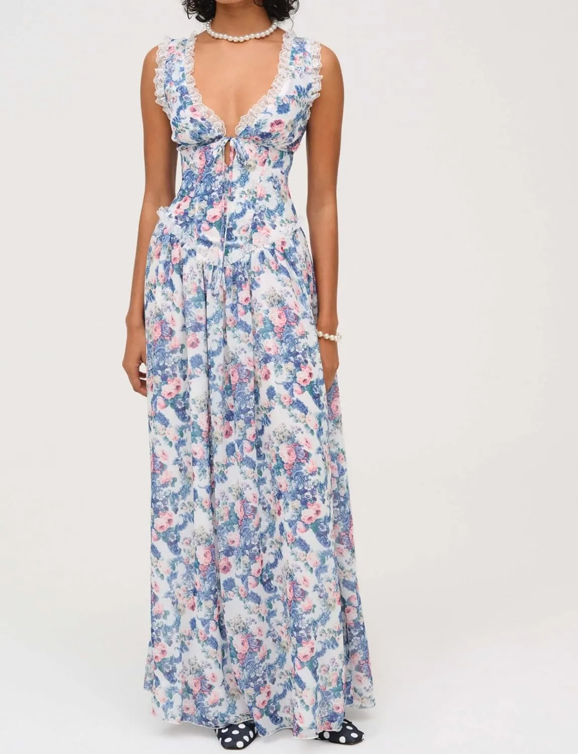 Women Sleeveless Low Cut Floral Maxi Dress Colorful V Neck Slip Long Dress Lace Trim Beach Vocation Sundress