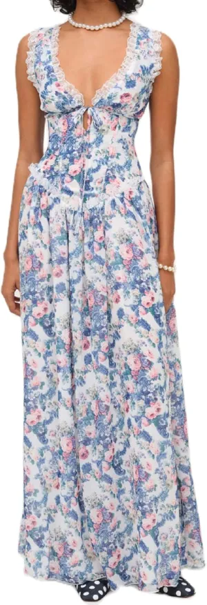 Women Sleeveless Low Cut Floral Maxi Dress Colorful V Neck Slip Long Dress Lace Trim Beach Vocation Sundress
