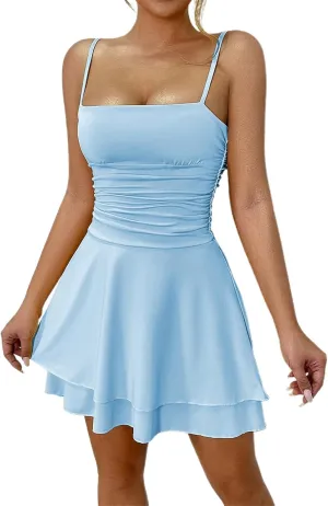 Women Strapless Tube Mini Dress Sexy Ruched Waist Ruffle Sleeveless Backless Tiered Layered Ruffle Hem A-Line Short Dress