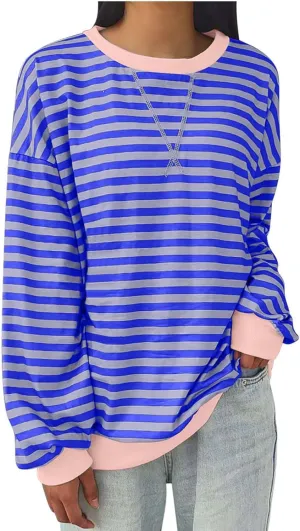 Women Striped Crew Neck Sweatshirts Oversized Pullover Shirt Tops Lightweight Preppy Hoodies Trendy Fall Clothes 2024