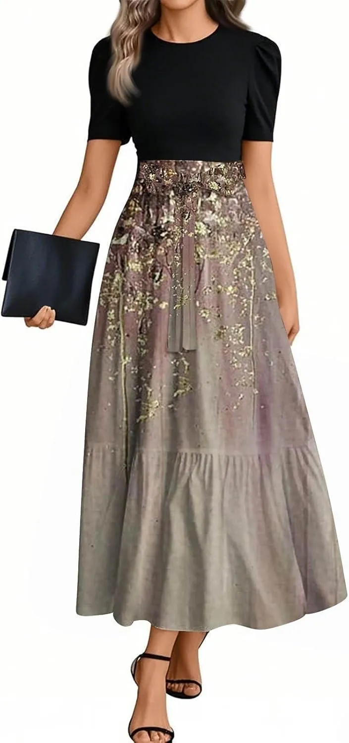 Women Summer 2025 Maxi Dress Vacation Floral Printed Belted Boho Casual Dresses Beach Long Flowy Vacation Sun Dress