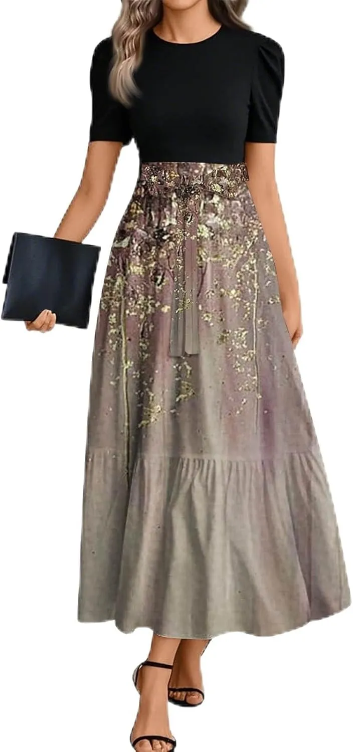 Women Summer 2025 Maxi Dress Vacation Floral Printed Belted Boho Casual Dresses Beach Long Flowy Vacation Sun Dress
