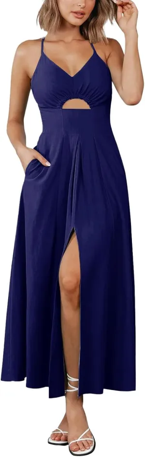 Women Summer Casual Midi Dress Spaghetti Strap Sleeveless V Neck Beach Party Wedding Halter Cutout Slit Dresses
