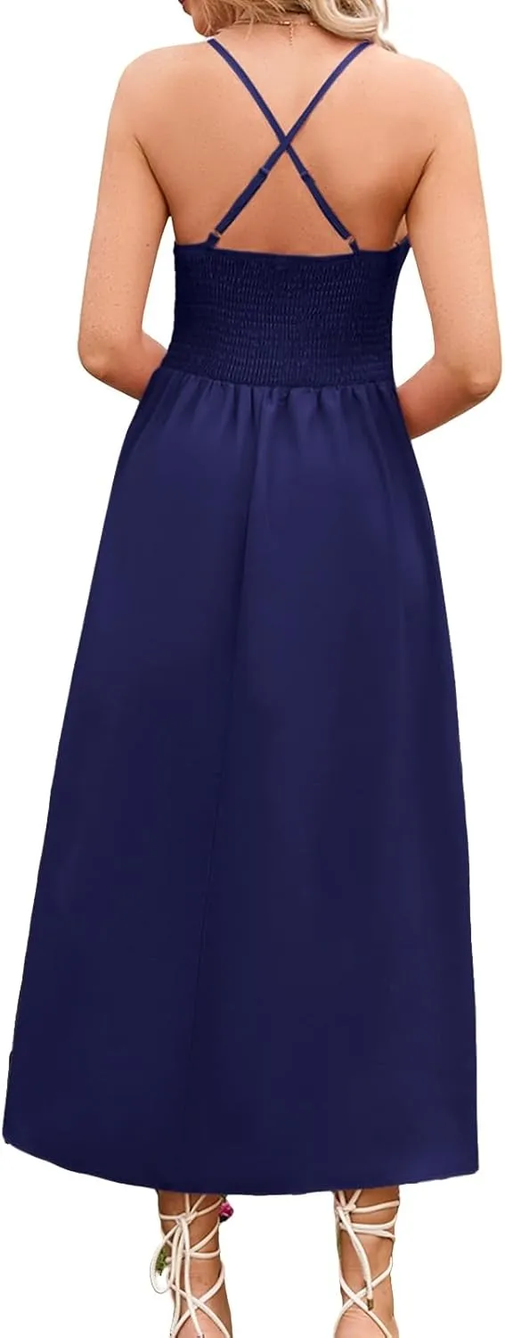 Women Summer Casual Midi Dress Spaghetti Strap Sleeveless V Neck Beach Party Wedding Halter Cutout Slit Dresses