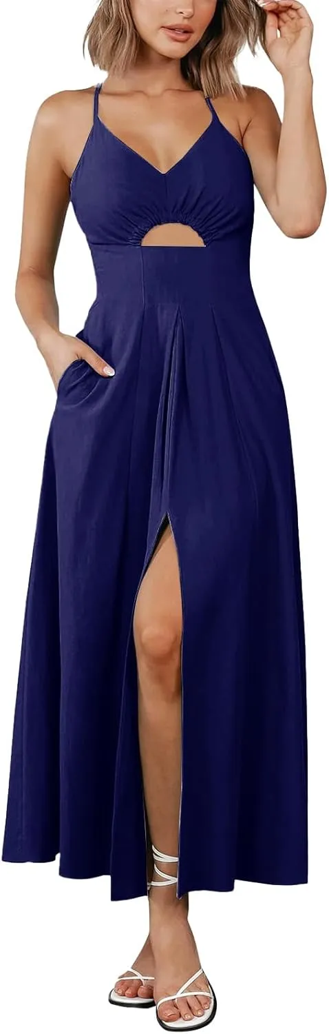 Women Summer Casual Midi Dress Spaghetti Strap Sleeveless V Neck Beach Party Wedding Halter Cutout Slit Dresses