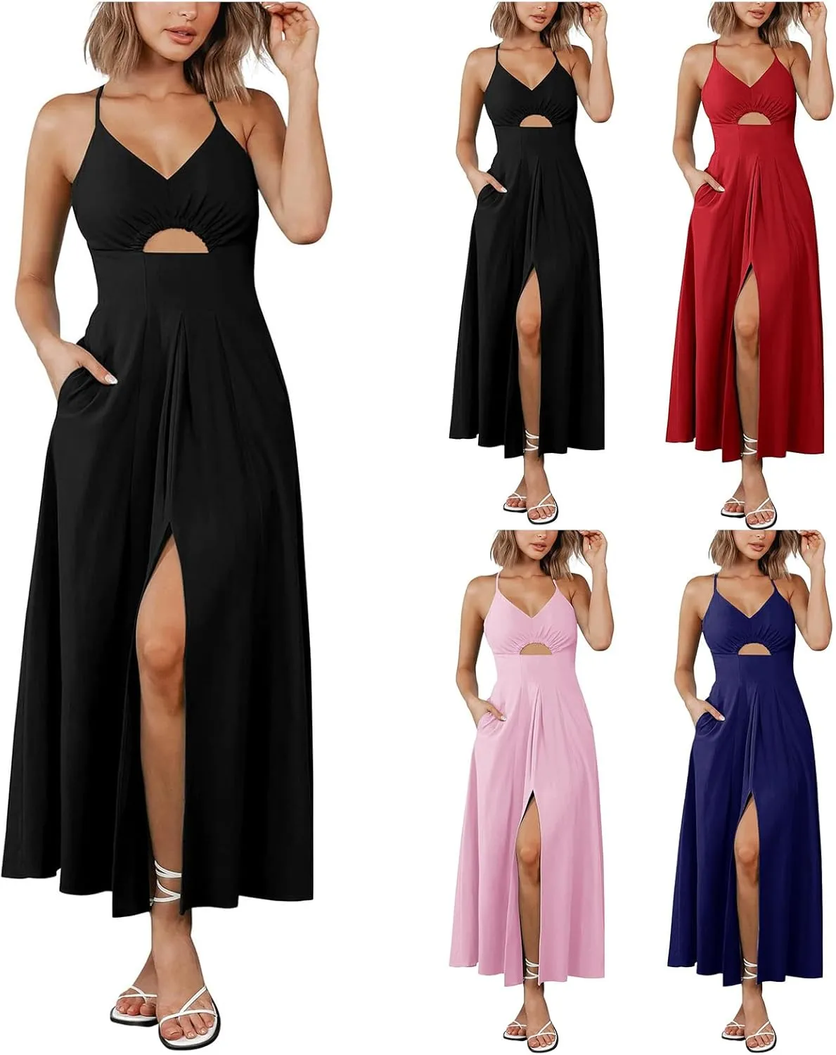 Women Summer Casual Midi Dress Spaghetti Strap Sleeveless V Neck Beach Party Wedding Halter Cutout Slit Dresses