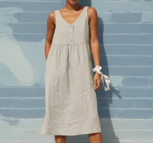 Women Summer Cotton Linen Midi Sun Dress Casual Sleeveless Button V Neck Pleated Loose Beach Tunic Dress