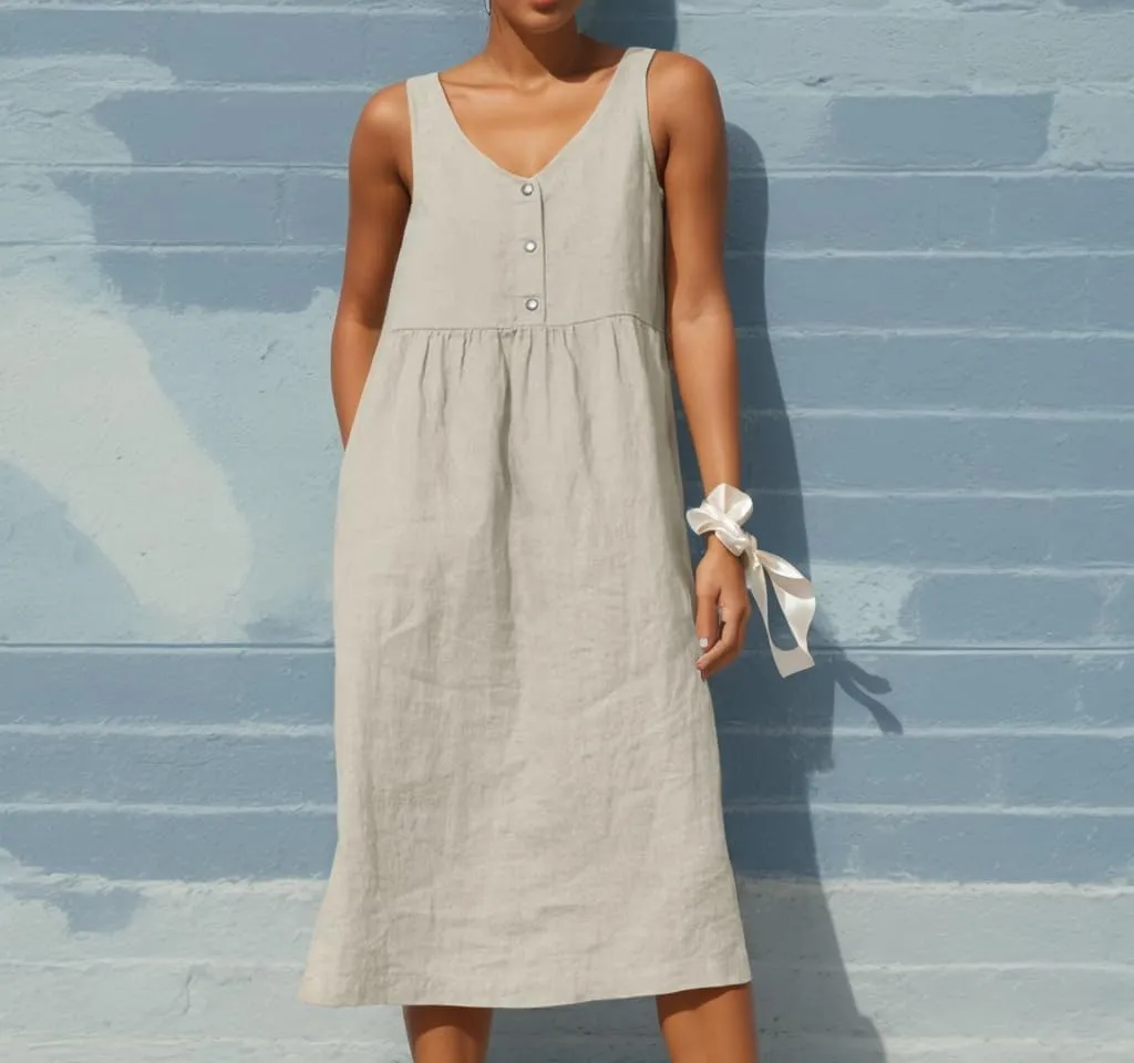 Women Summer Cotton Linen Midi Sun Dress Casual Sleeveless Button V Neck Pleated Loose Beach Tunic Dress