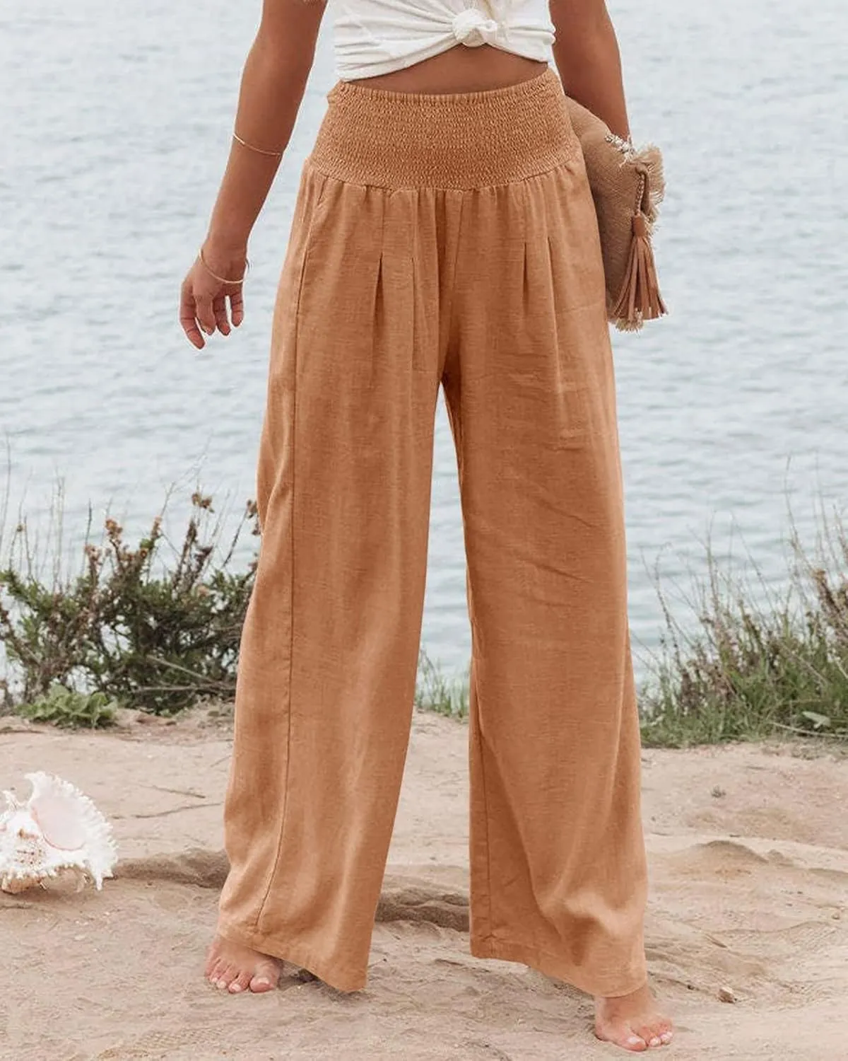 Women Summer High Waisted Cotton Linen Palazzo Pants Casual Boho Wide Leg 2025 Beach Lounge Trousers with Pocket