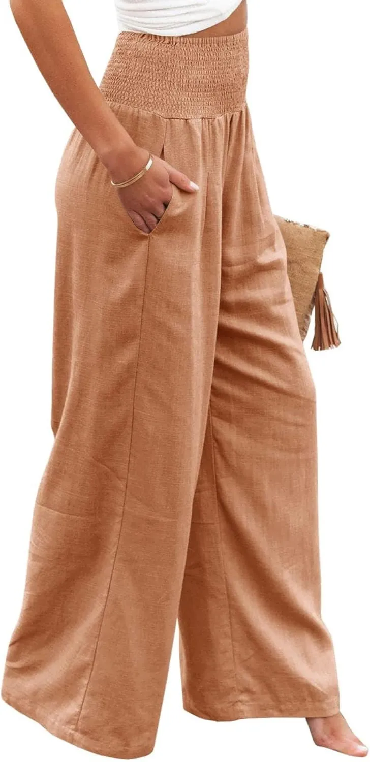 Women Summer High Waisted Cotton Linen Palazzo Pants Casual Boho Wide Leg 2025 Beach Lounge Trousers with Pocket