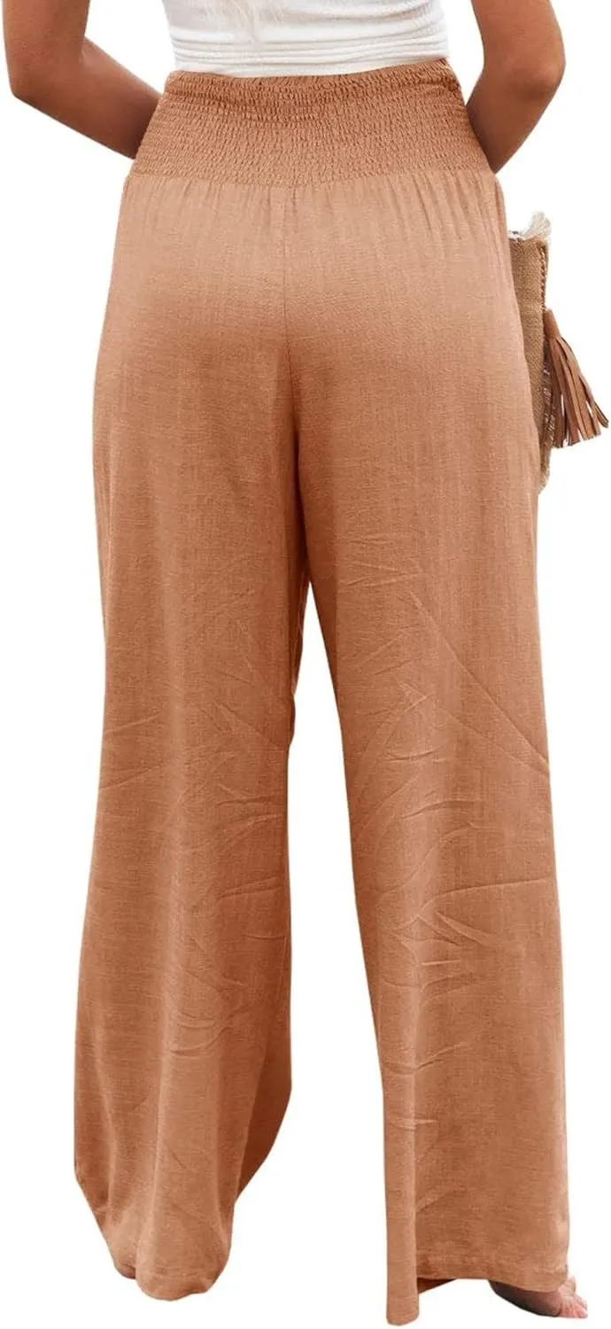 Women Summer High Waisted Cotton Linen Palazzo Pants Casual Boho Wide Leg 2025 Beach Lounge Trousers with Pocket