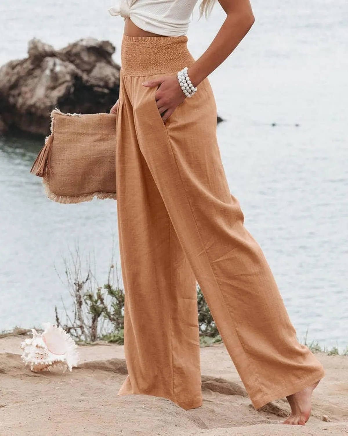 Women Summer High Waisted Cotton Linen Palazzo Pants Casual Boho Wide Leg 2025 Beach Lounge Trousers with Pocket