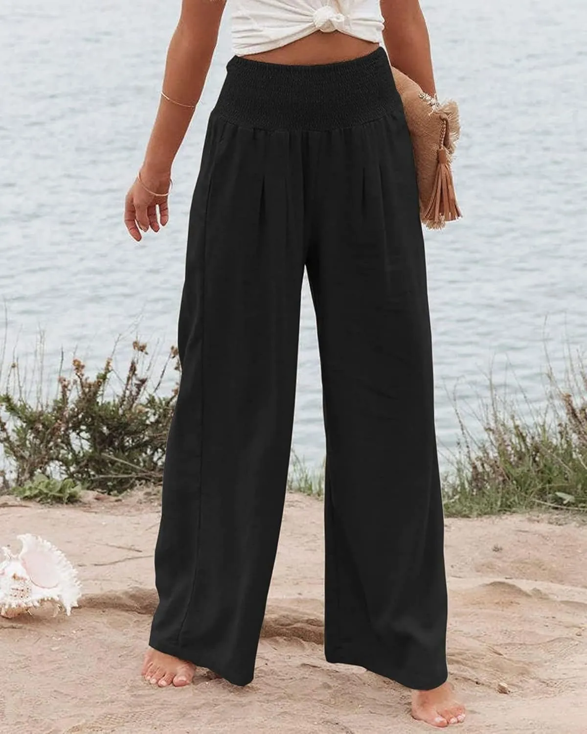 Women Summer High Waisted Cotton Linen Palazzo Pants Casual Boho Wide Leg 2025 Beach Lounge Trousers with Pocket