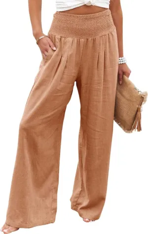 Women Summer High Waisted Cotton Linen Palazzo Pants Casual Boho Wide Leg 2025 Beach Lounge Trousers with Pocket