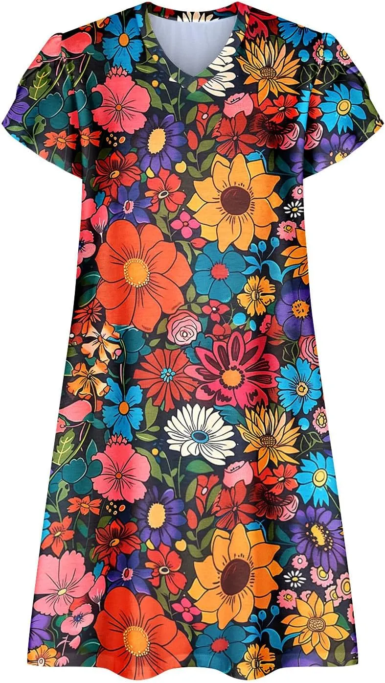 Women Summer Mini A Line Dress Short Sleeve Casual Flowy Tiered Beach Long Sundress 2025 Vacation Travel with Pockets
