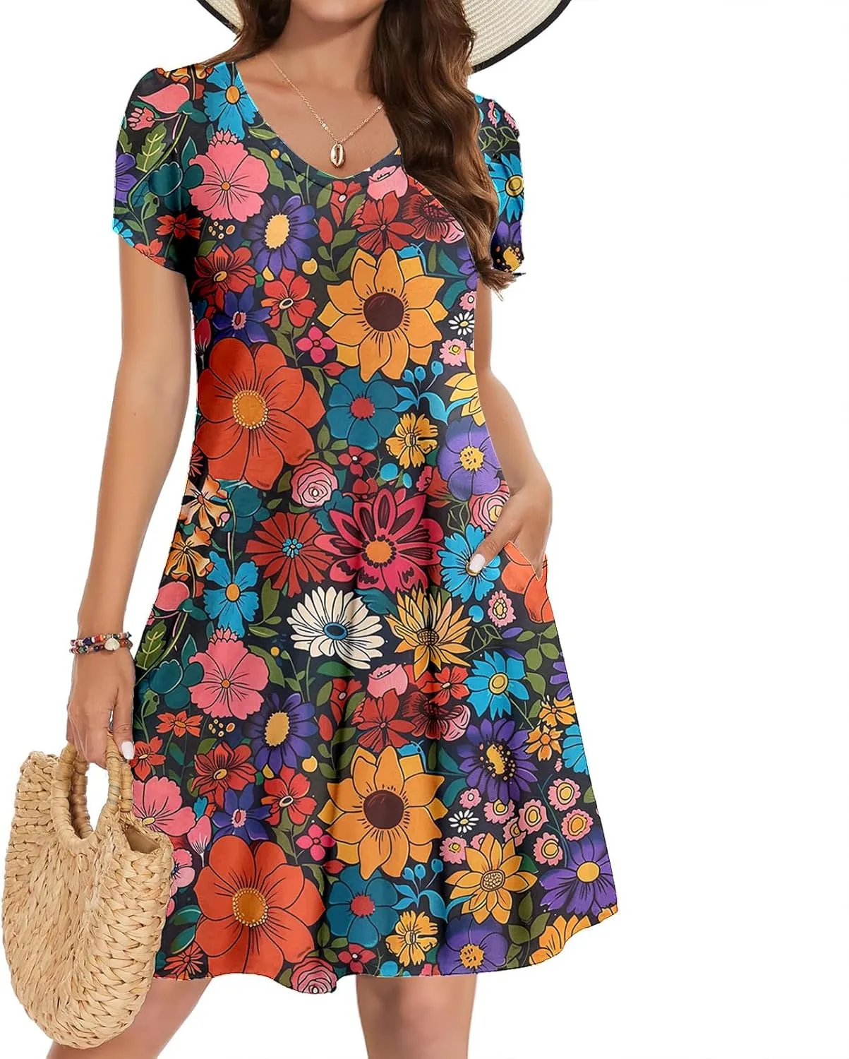 Women Summer Mini A Line Dress Short Sleeve Casual Flowy Tiered Beach Long Sundress 2025 Vacation Travel with Pockets