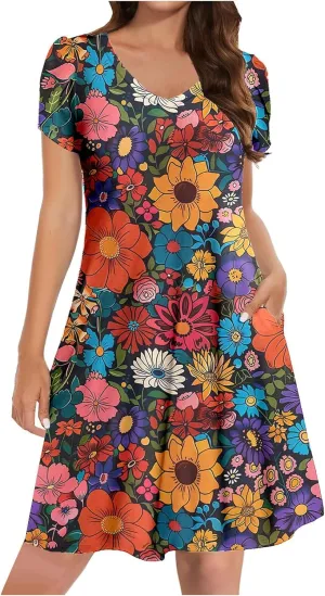 Women Summer Mini A Line Dress Short Sleeve Casual Flowy Tiered Beach Long Sundress 2025 Vacation Travel with Pockets