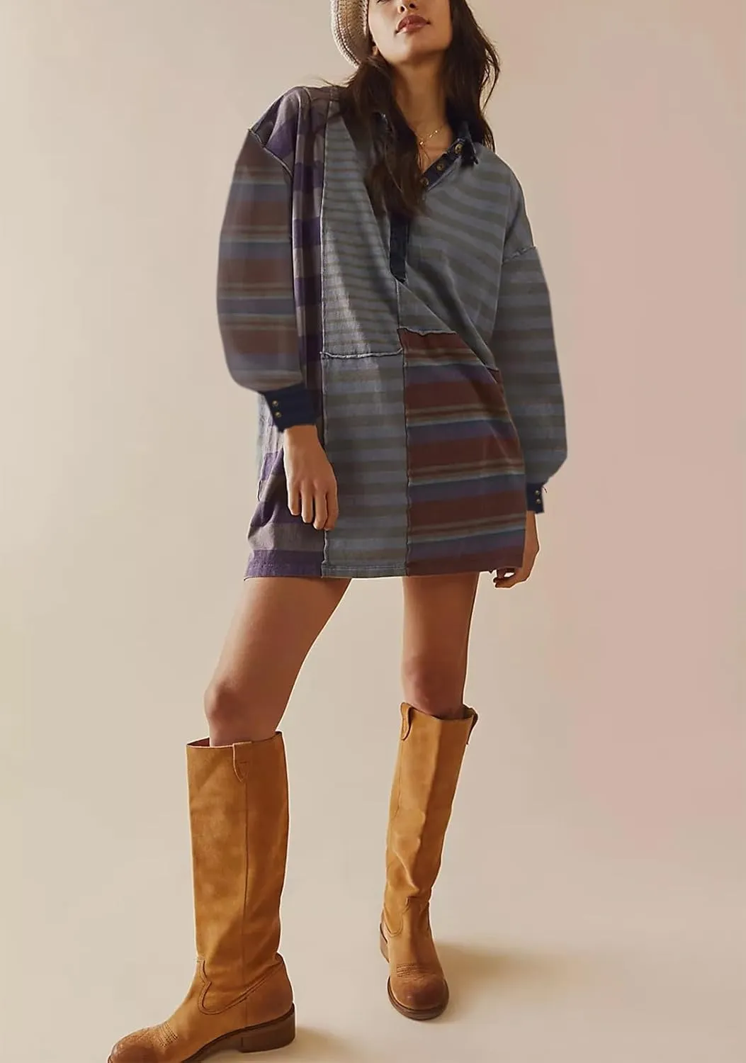 Women Sweatshirt Dress Y2k Striped Pullover Tops Colorblock Hoodie Dresses Button Oversized Sweatshirts Fall Fashion