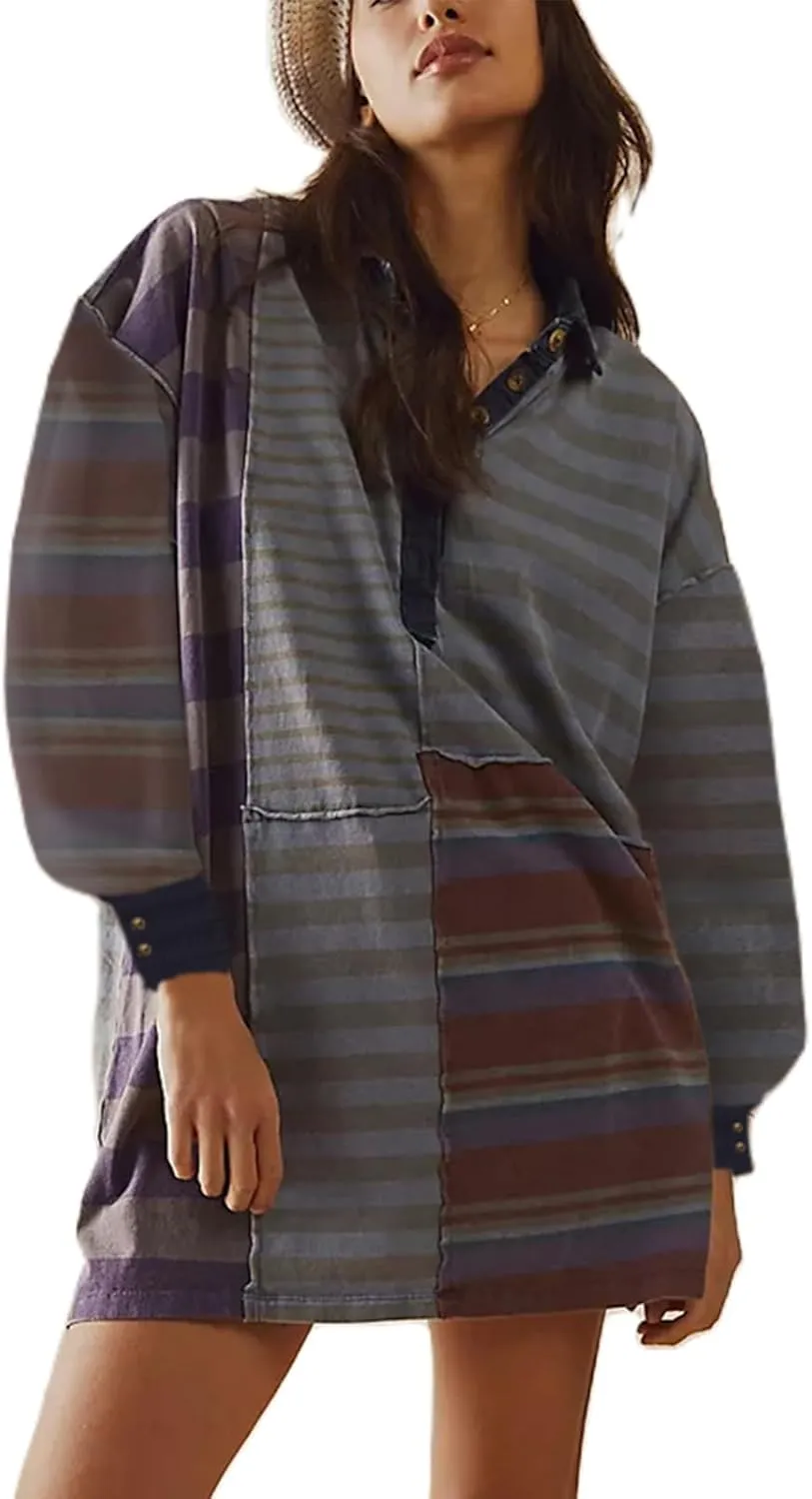 Women Sweatshirt Dress Y2k Striped Pullover Tops Colorblock Hoodie Dresses Button Oversized Sweatshirts Fall Fashion