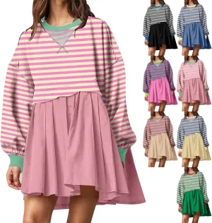 Women Sweatshirts Dress Oversized Striped Long Sleeve Crewneck Pullover Tops Casual Mini Dress Fall Outfits 2024