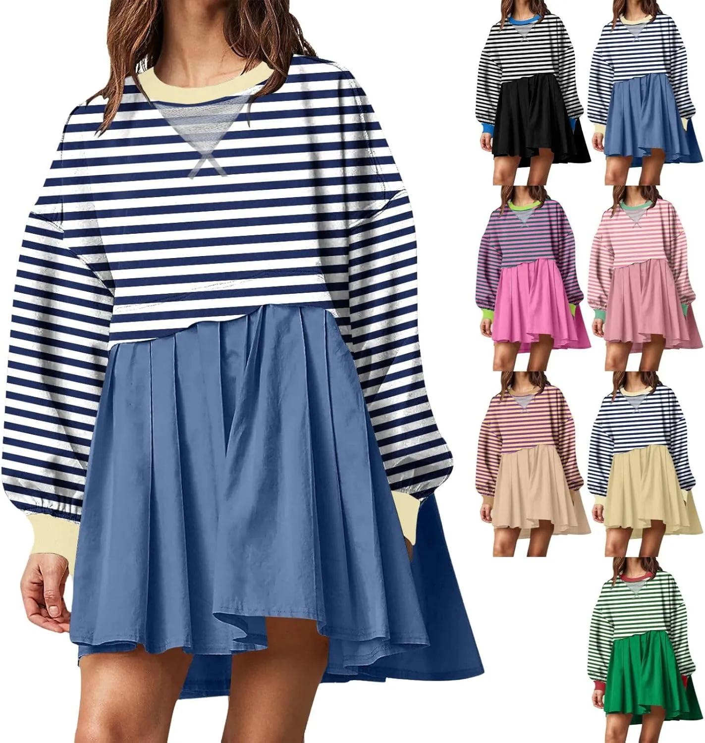 Women Sweatshirts Dress Oversized Striped Long Sleeve Crewneck Pullover Tops Casual Mini Dress Fall Outfits 2024