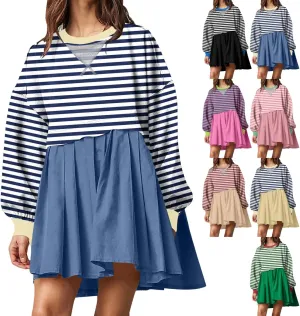 Women Sweatshirts Dress Oversized Striped Long Sleeve Crewneck Pullover Tops Casual Mini Dress Fall Outfits 2024