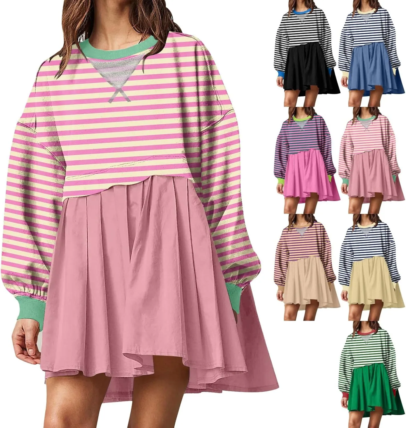 Women Sweatshirts Dress Oversized Striped Long Sleeve Crewneck Pullover Tops Casual Mini Dress Fall Outfits 2024