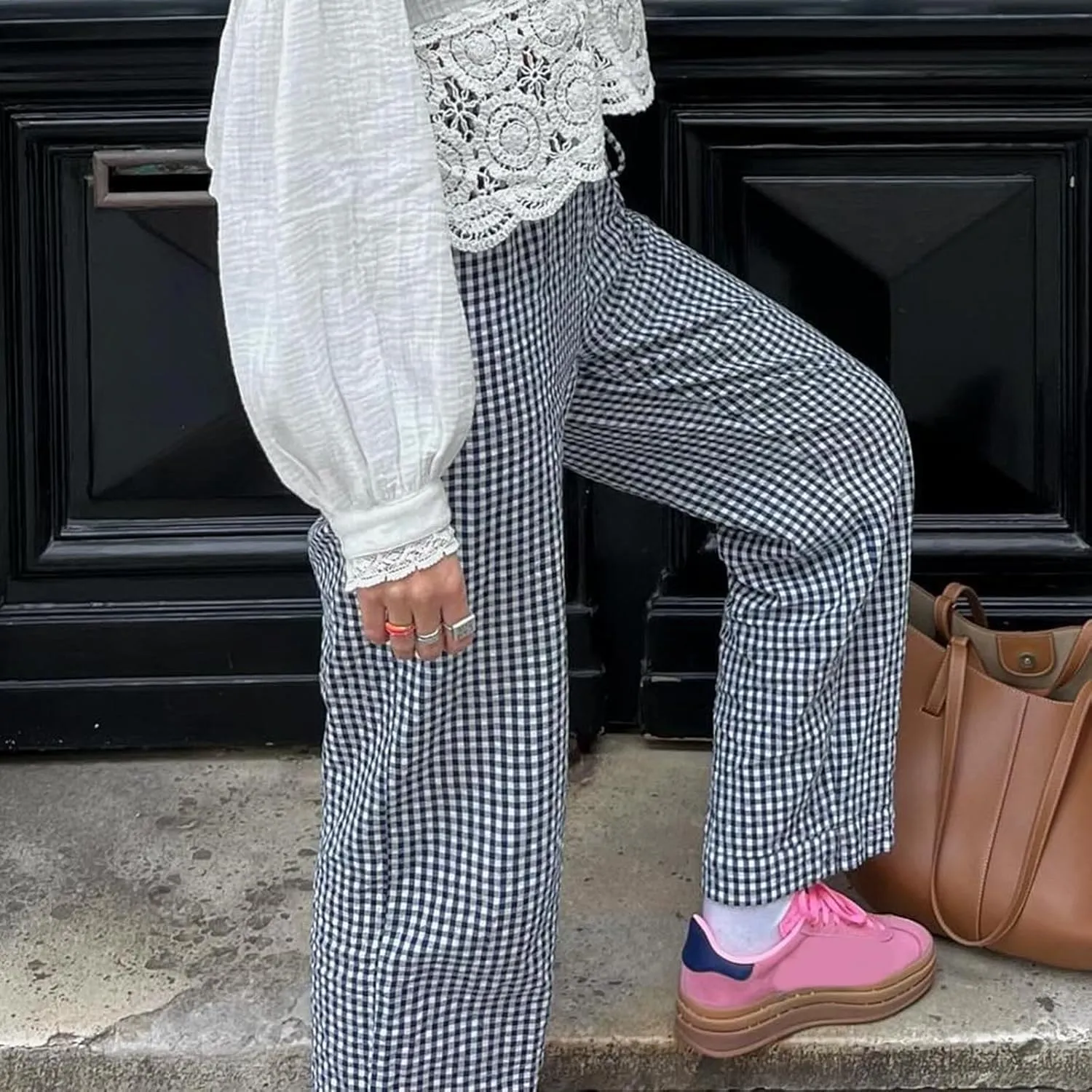 Women Y2k Plaid Print Long Pants Side Tie Bow Wide Leg Pants High Waist Gingham Trousers Lounge Pants