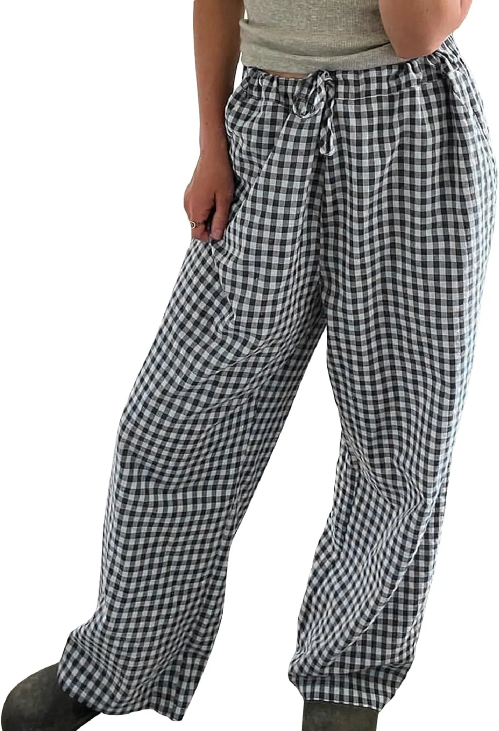 Women Y2k Plaid Print Long Pants Side Tie Bow Wide Leg Pants High Waist Gingham Trousers Lounge Pants