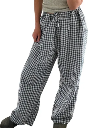 Women Y2k Plaid Print Long Pants Side Tie Bow Wide Leg Pants High Waist Gingham Trousers Lounge Pants