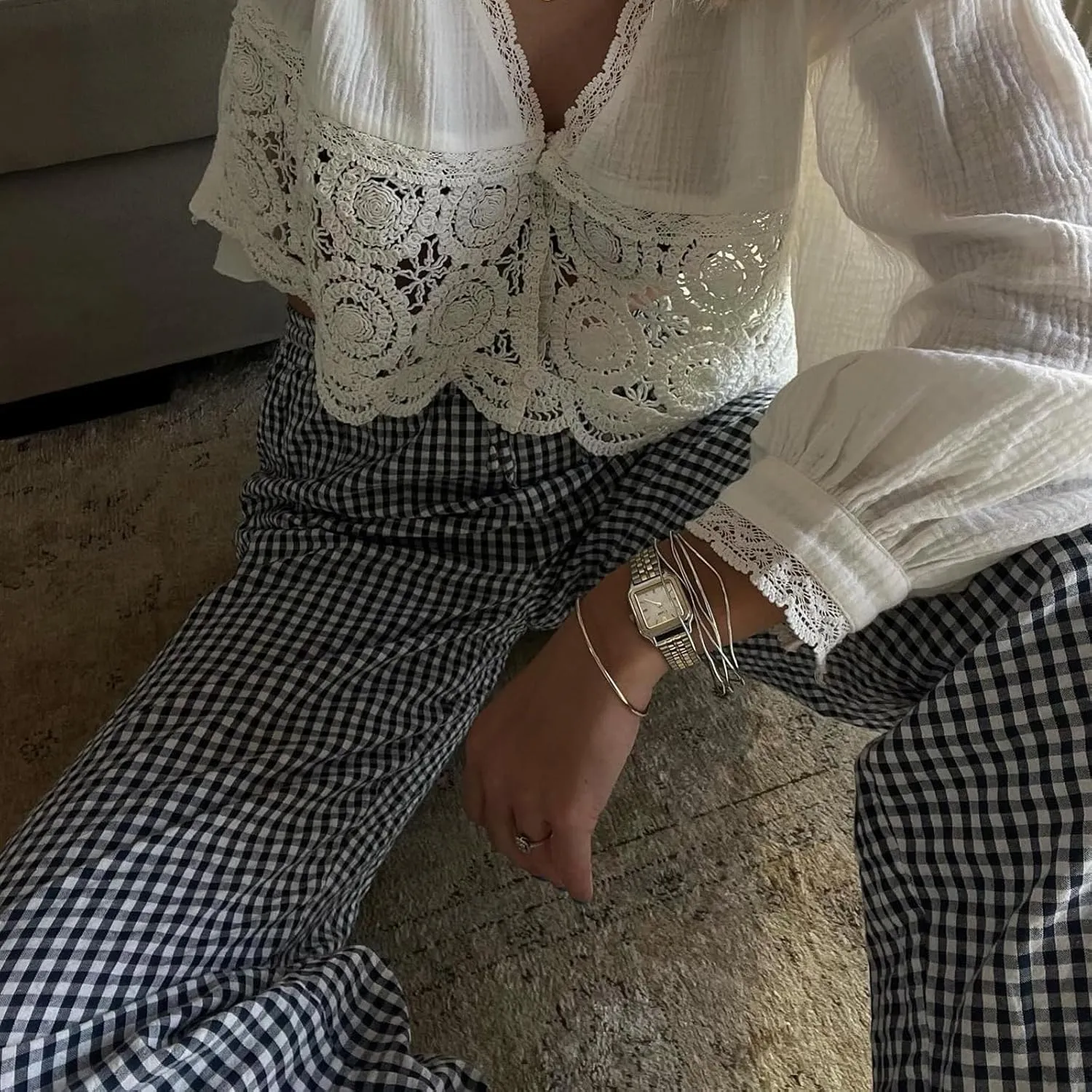 Women Y2k Plaid Print Long Pants Side Tie Bow Wide Leg Pants High Waist Gingham Trousers Lounge Pants