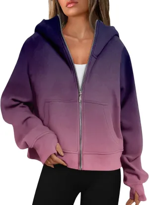 Women Zip Up Hoodie Fall Crop Top Thumb Hole Patterned Cute Hoodies Winter Vintage Long Sleeve Clothes With Pockets