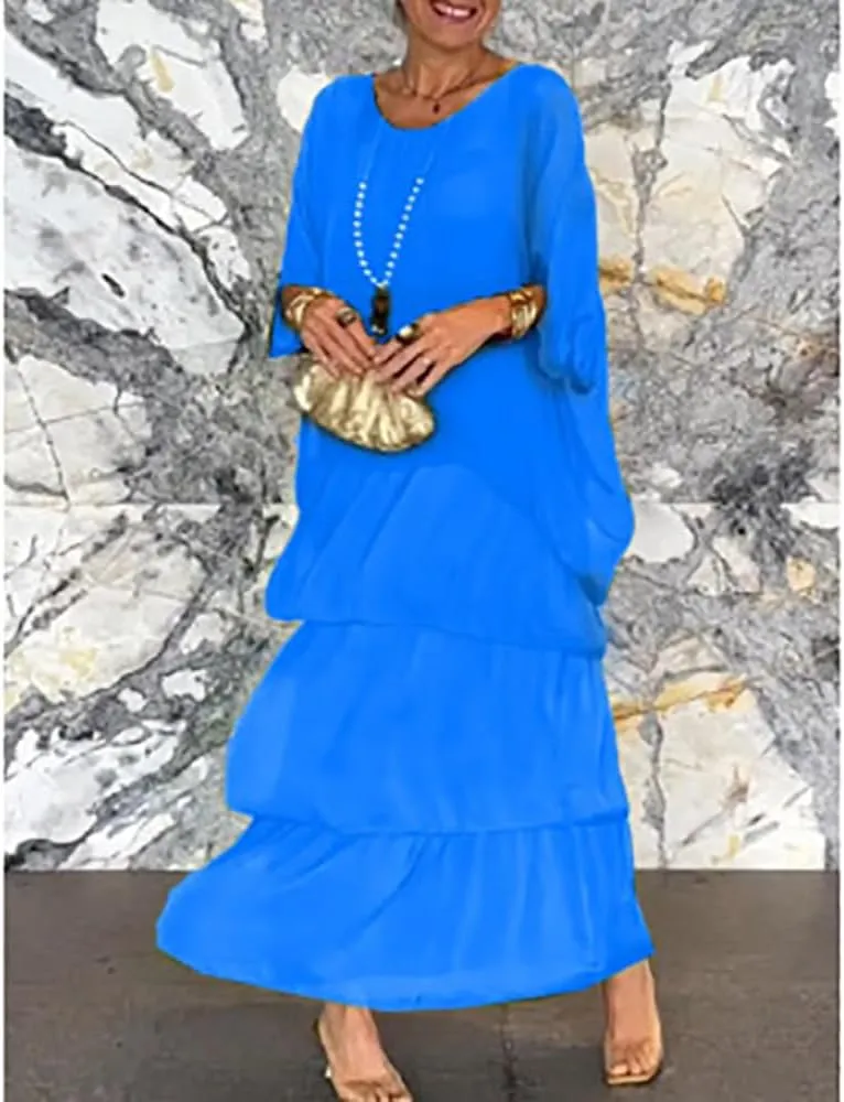 Women's 2 Piece Set Maxi Chiffon Dress Suits Crewneck Batwing Sleeve Plus Size Tiered Artistic Style Loose Dress