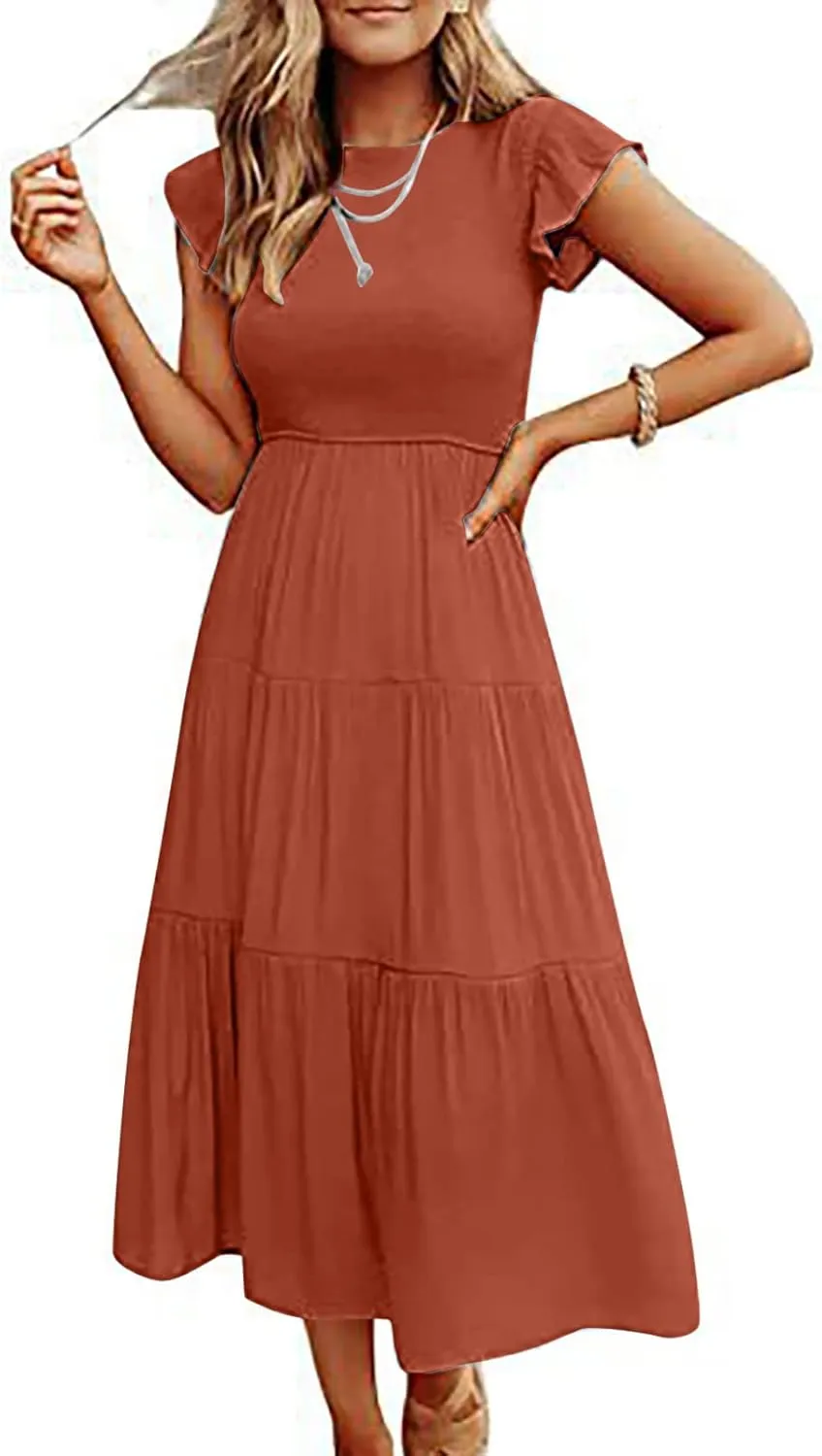 Womens 2023 Summer Casual Flutter Short Sleeve Long Dresses Crew Neck Smocked Elastic Waist Tiered Midi Dress