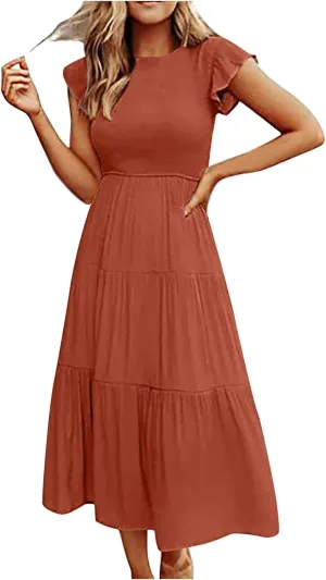 Womens 2023 Summer Casual Flutter Short Sleeve Long Dresses Crew Neck Smocked Elastic Waist Tiered Midi Dress