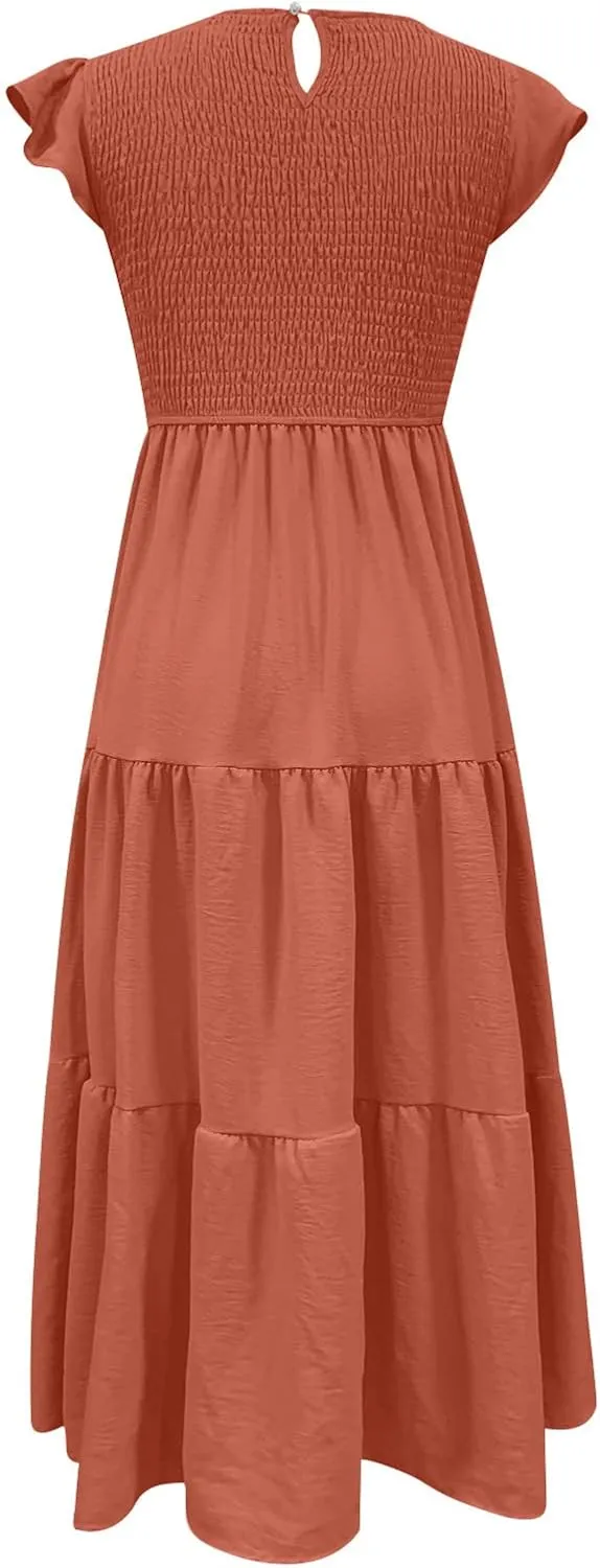 Womens 2023 Summer Casual Flutter Short Sleeve Long Dresses Crew Neck Smocked Elastic Waist Tiered Midi Dress