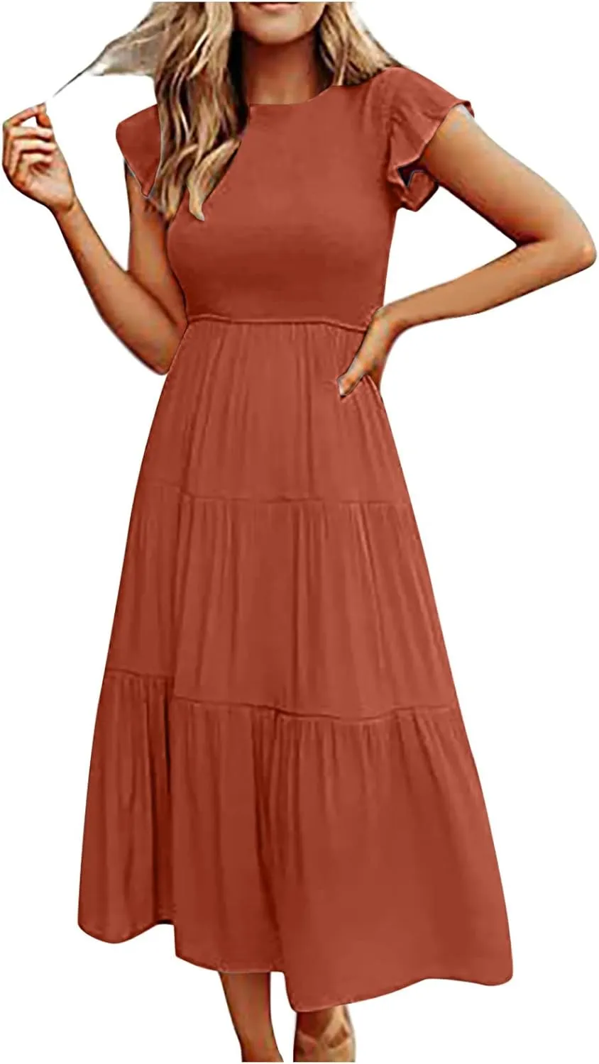 Womens 2023 Summer Casual Flutter Short Sleeve Long Dresses Crew Neck Smocked Elastic Waist Tiered Midi Dress