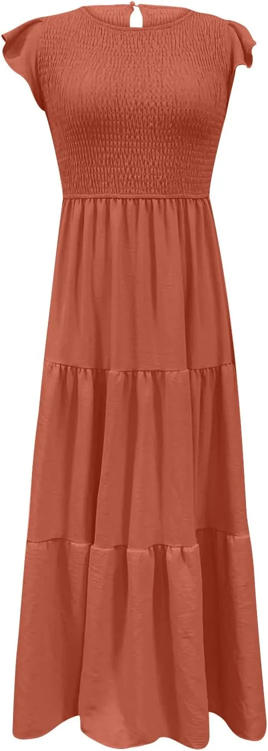 Womens 2023 Summer Casual Flutter Short Sleeve Long Dresses Crew Neck Smocked Elastic Waist Tiered Midi Dress