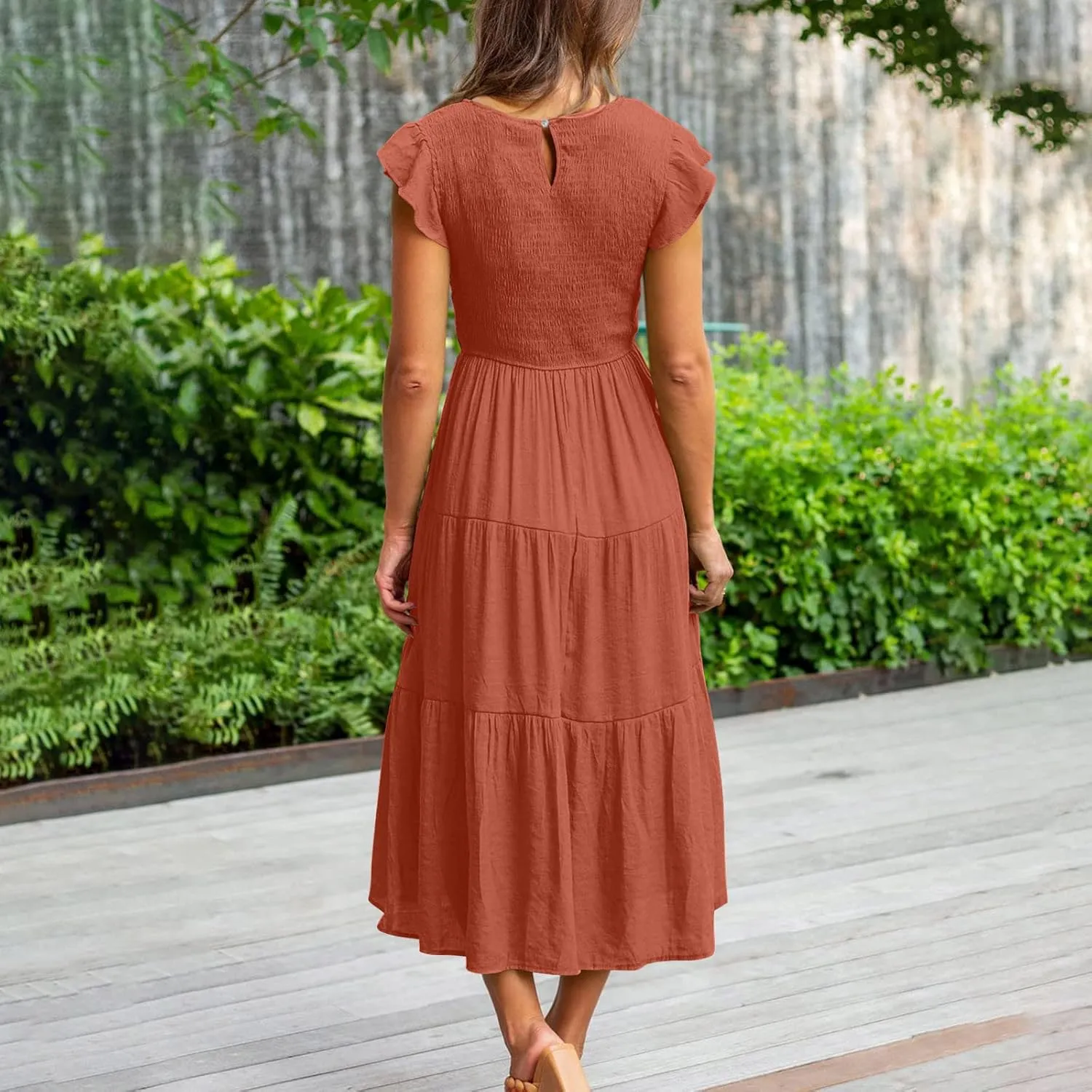 Womens 2023 Summer Casual Flutter Short Sleeve Long Dresses Crew Neck Smocked Elastic Waist Tiered Midi Dress