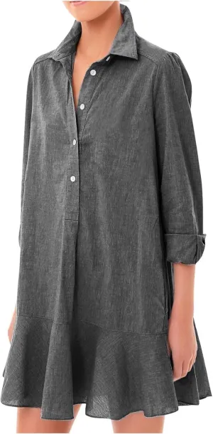 Womens 2024 Summer Casual Button Down Dress 3/4 Rolled-Up Sleeve Loose Ruffle Mini Dress Solid Color Shirts Sun Dress