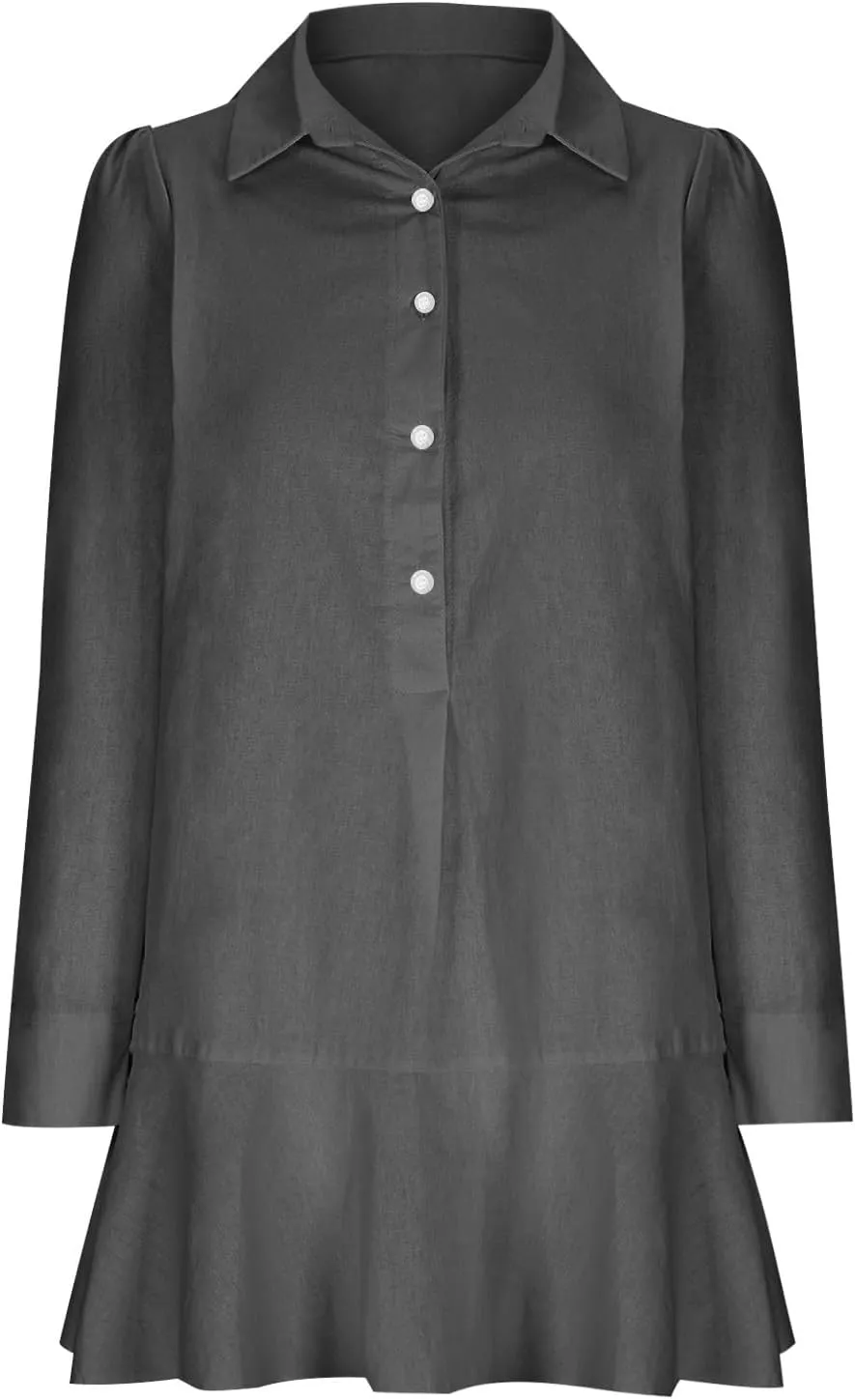 Womens 2024 Summer Casual Button Down Dress 3/4 Rolled-Up Sleeve Loose Ruffle Mini Dress Solid Color Shirts Sun Dress