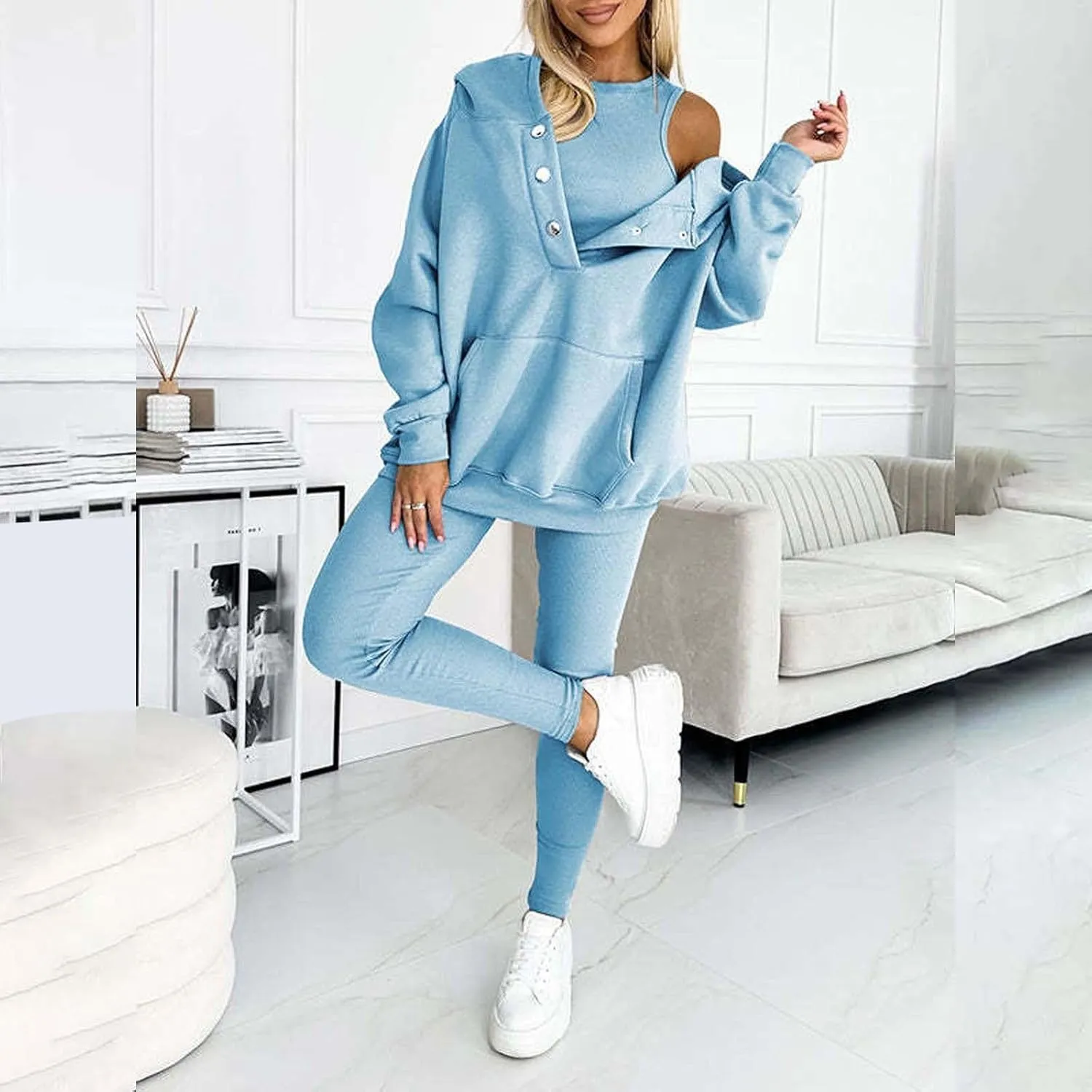 Womens 3 Piece Sports Outfits Lounge Hoodie Sweatsuit Sets Oversized Sweatshirt Baggy Fall Slim Trousers Vest Sweatpants