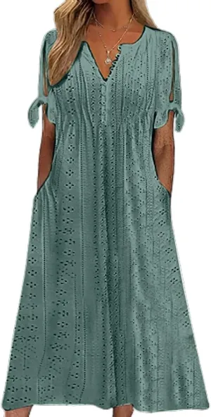 Womens Boho Eyelet Pastel Dress Button V Neck Tie Knot Short Sleeve Flowy Beach Vacation Midi Dresses with Pockets