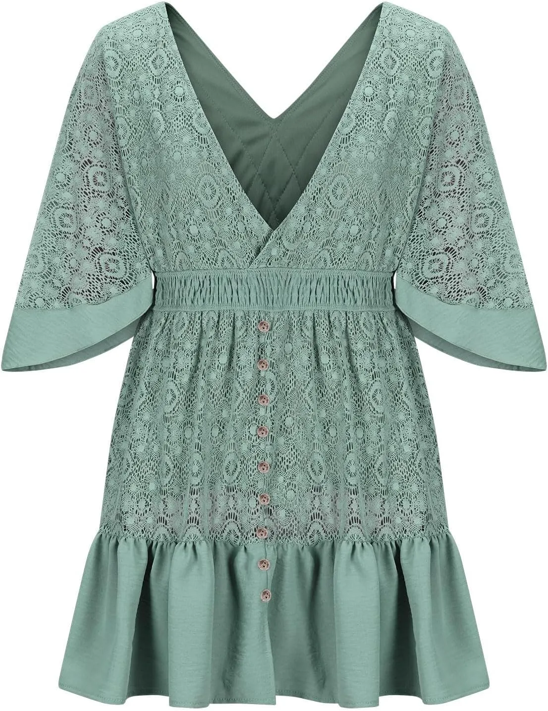 Womens Boho Floral Lace Mini Dress Deep V-Neck Smocked Waist Ruffle A-Line Dresses Casual Sexy Flared Sleeves Dress