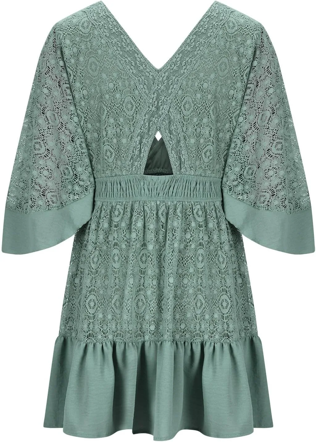 Womens Boho Floral Lace Mini Dress Deep V-Neck Smocked Waist Ruffle A-Line Dresses Casual Sexy Flared Sleeves Dress