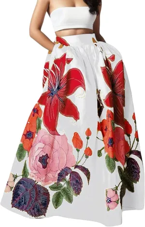 Women's Boho Floral Printed Maxi Skirt Summer Beach High Waisted Mopping Floor Length A Line Long Skirts with Pockets