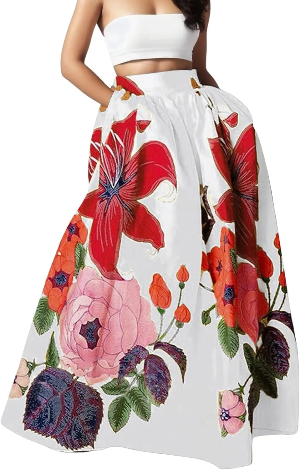 Women's Boho Floral Printed Maxi Skirt Summer Beach High Waisted Mopping Floor Length A Line Long Skirts with Pockets