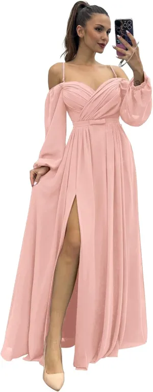 Women's Bridesmaid Dresses with Long Sleeves Spaghetti Strap Split Ruched Wedding Guest Dress with Pockets