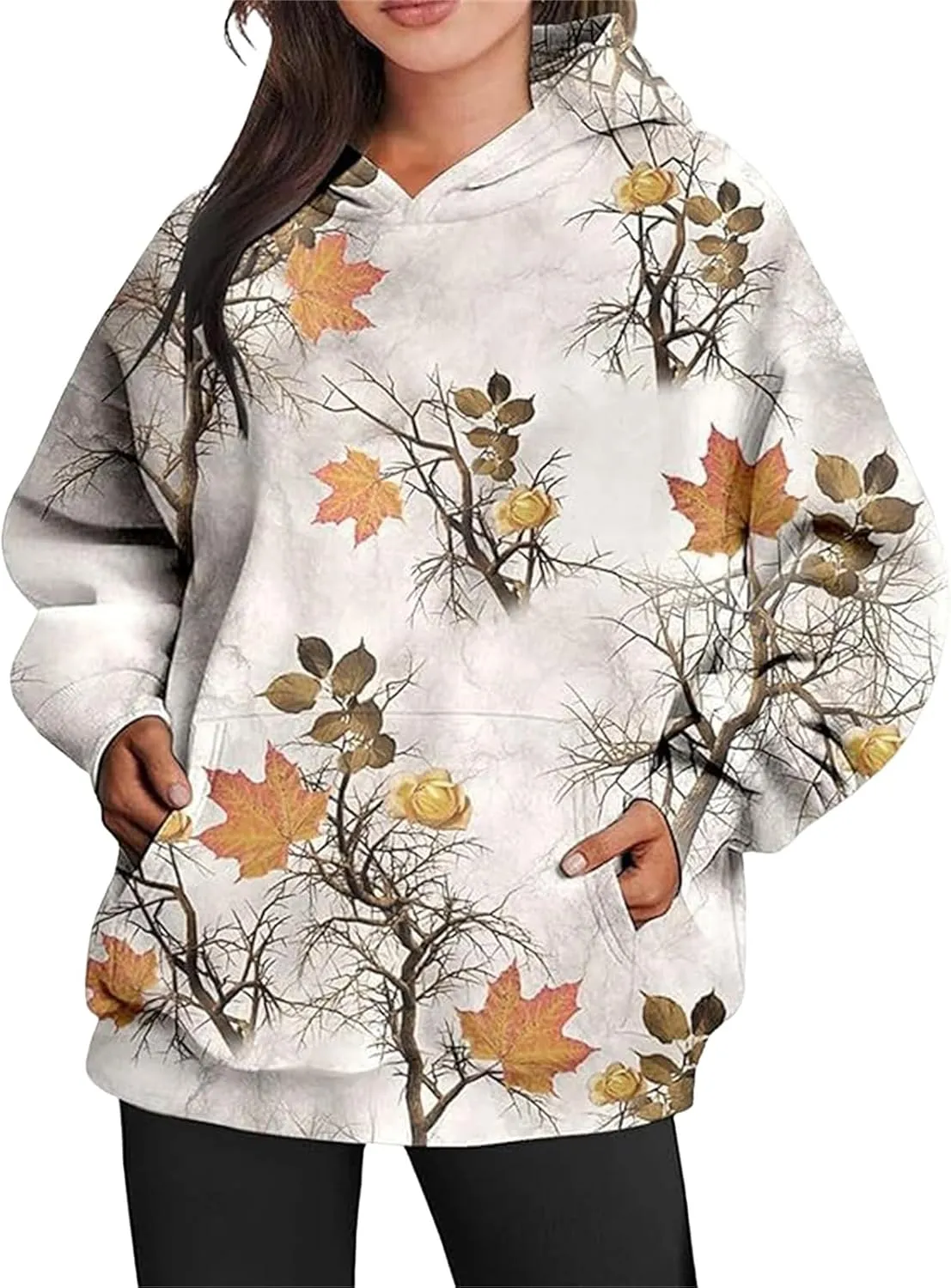 Womens Camo Hoodie Maple Leaf Print Hoodie Cute Oversized Graphic Hoodies Fleece Pullover Sweatshirt Fall Clothes